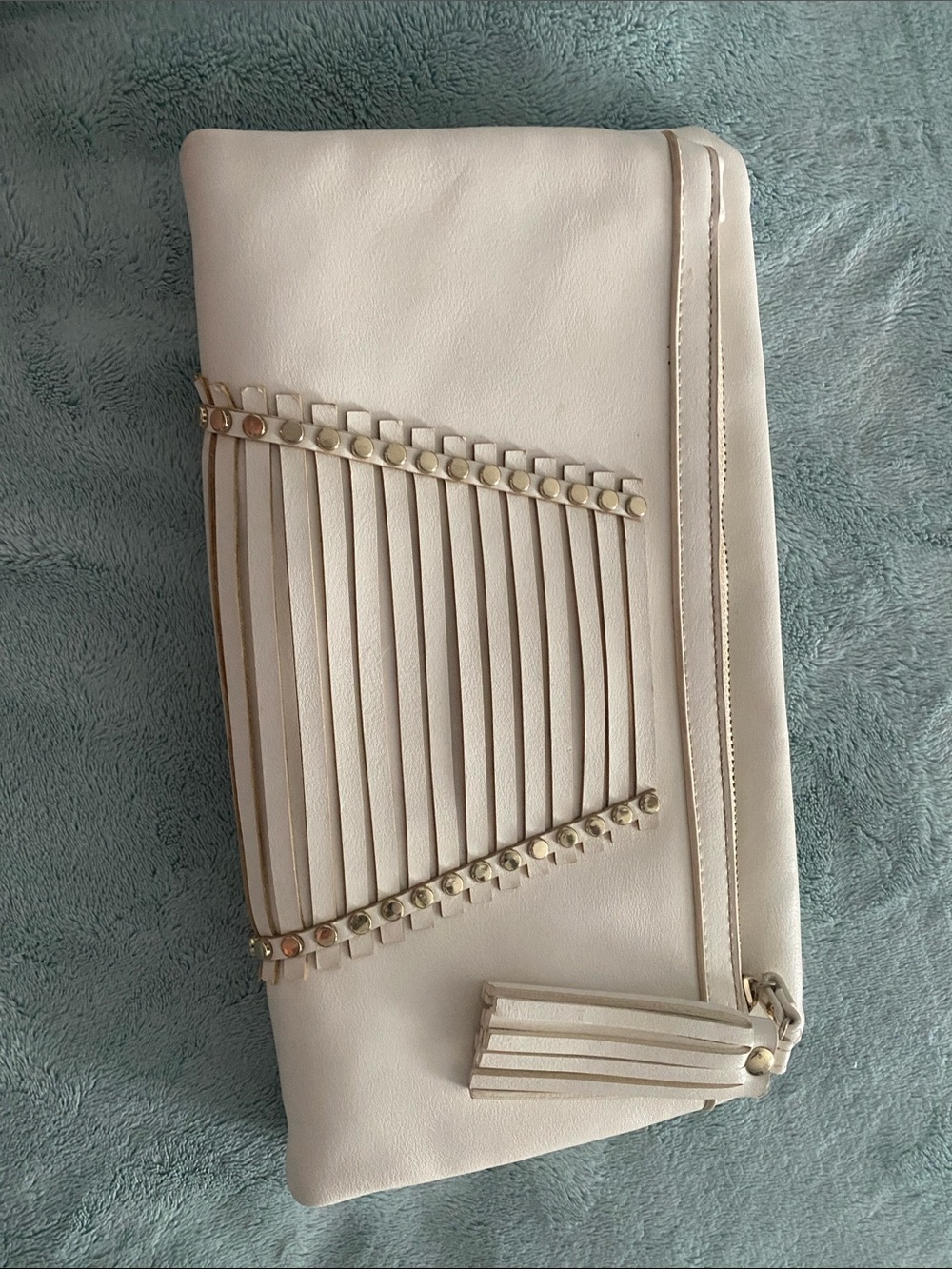 Fringe Tassel Studded Cream Wristlet Clutch